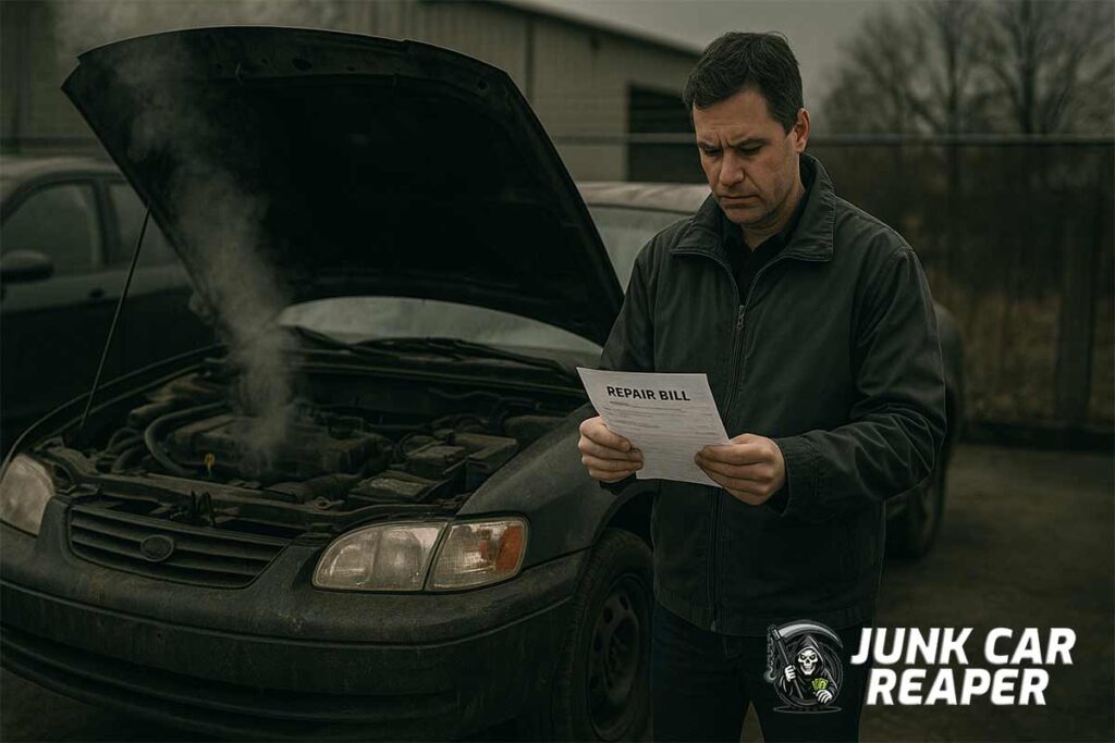 damaged car with open hood and repair bill in mechanic lot