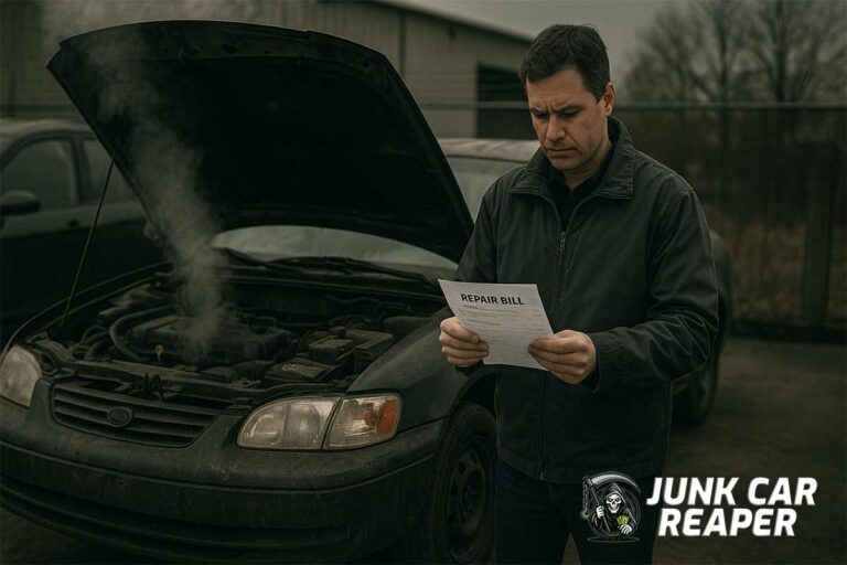 damaged car with open hood and repair bill in mechanic lot