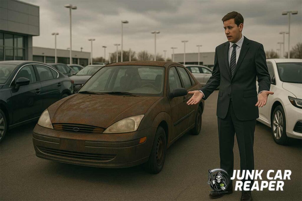 junk car at dealership lot among new cars with unsure salesperson