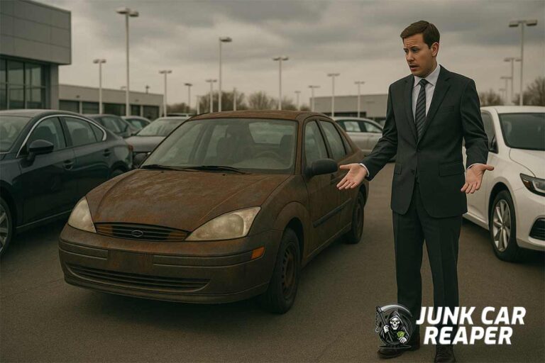 junk car at dealership lot among new cars with unsure salesperson