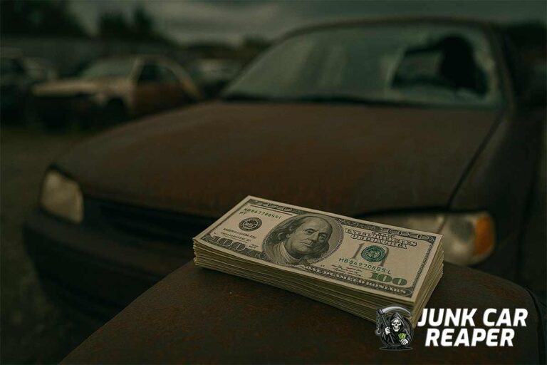 stack of cash resting on junk car hood near salvage yard