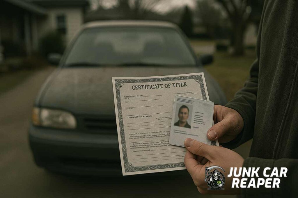 junk car parked in driveway with person holding title and ID but no registration paper