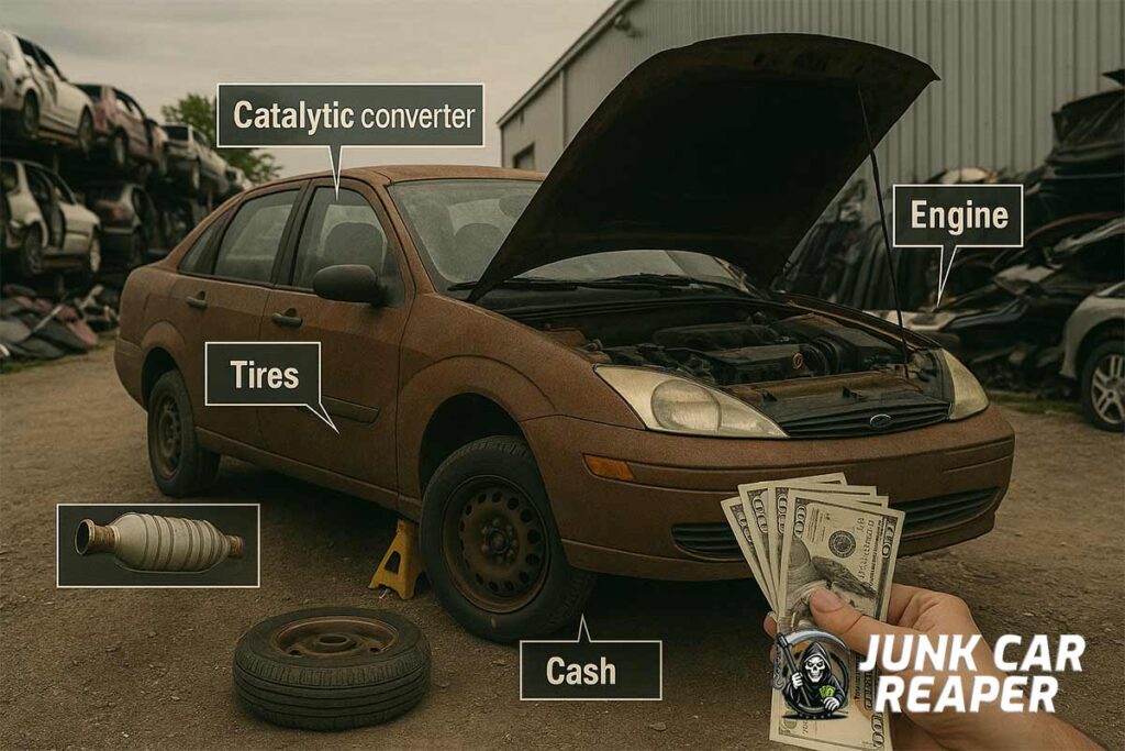 high-value junk car parts with cash in hand at salvage yard table