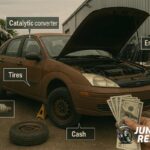 high-value junk car parts with cash in hand at salvage yard table